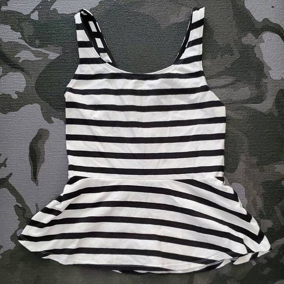 Express Black Zip Back & White Striped Peplum Tank Top - Picture 2 of 6